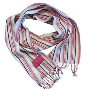 AVOCA Ireland Scarf Hand Woven Striped Fringe Pink White Cashmere Angora Blend